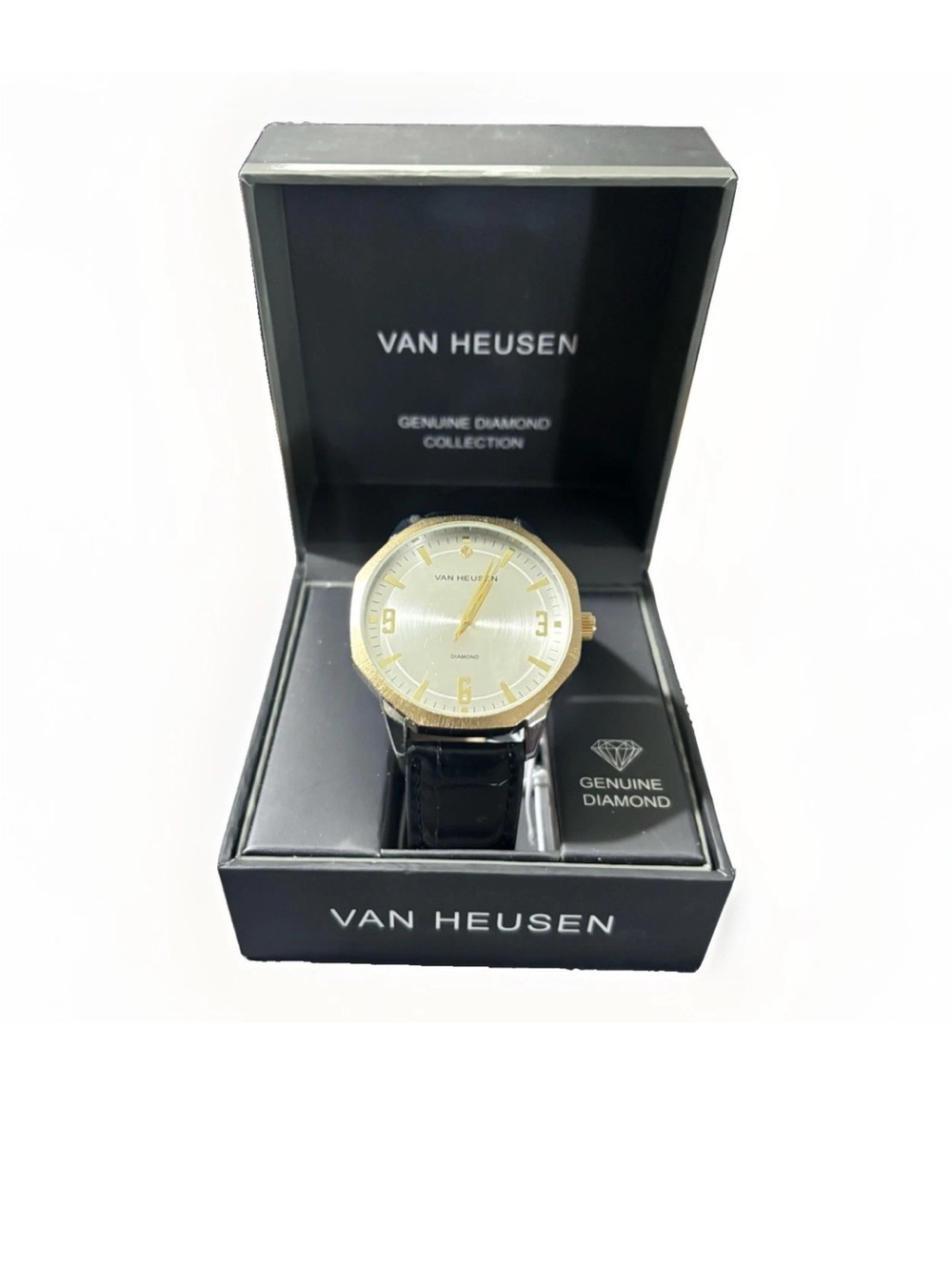 Van Heusen Gold Tone & Black Leather Dress Watch